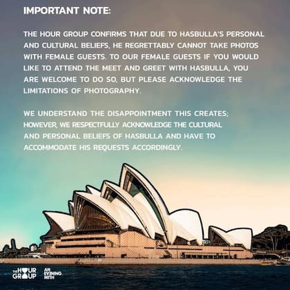 La compañía que organiza la gira de Hasbulla por Australia señaló que "por sus creencias personales y culturales" no se sacará fotos con las "invitadas femeninas" a sus conferencias