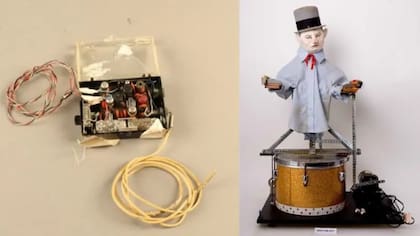 La Computadora ruleta portátil (izq) y el Jugador de rebotes (W. C. Fields), dos de las muchas creaciones de Shannon