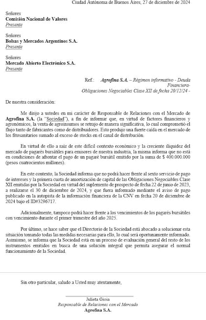 La comunicación de Agrofina a la CNV