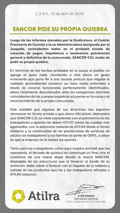 La comunicación de Atilra con la quiebra de SanCor