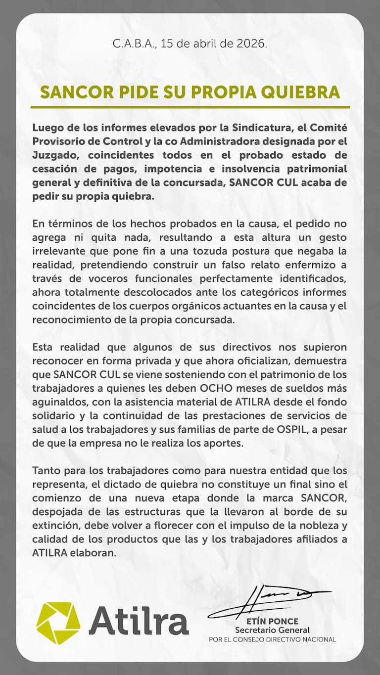 La comunicación de Atilra con la quiebra de SanCor