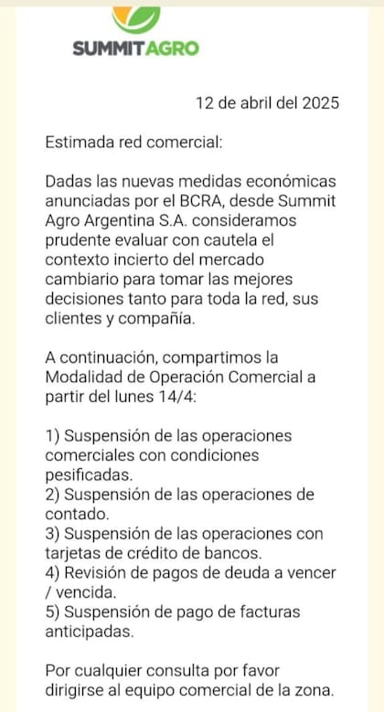 La comunicación de Summit Agro sobre la operatoria que estuvo vigente parte de la mañana