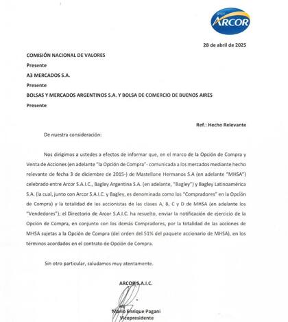 La comunicación que Arcor envió a la Comisión Nacional de Valores (CNV) para anunciar el avance sobre el control de Mastellone Hnos.