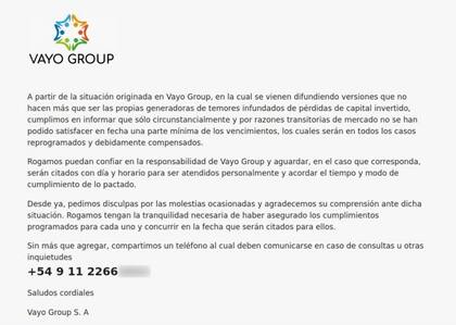 La comunicación que envió la empresa a sus inversores