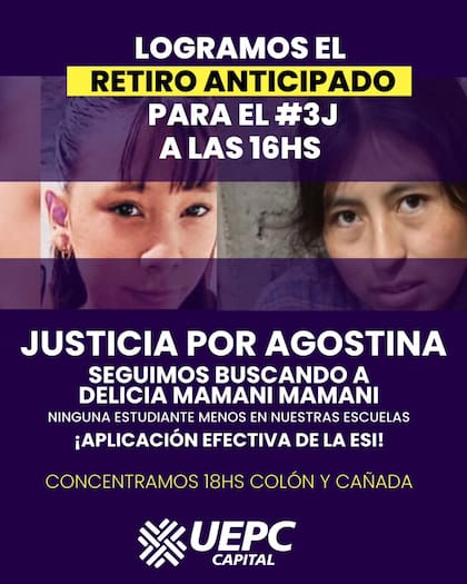 La comunidad educativa de la institución donde cursaba Agostina convocó a participar activamente de la marcha de Ni Una Menos que se hará este miércoles a lo largo de todo el país.