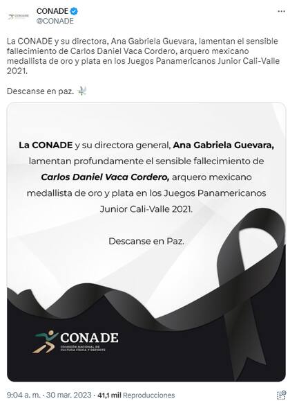 La Conade lamentó la muerte de Carlos Vaca a través de sus redes sociales