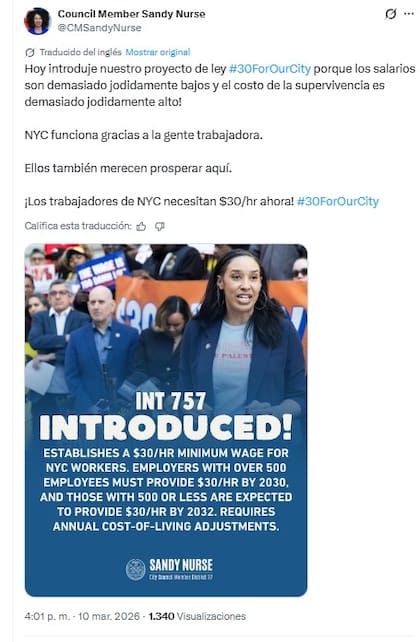 La concejal Sandy Nurse respalda el aumento gradual del salario mínimo en Nueva York a 30 dólares la hora