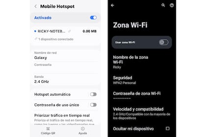 La configuración de la red Wi-Fi personal en un teléfono de Samsung y otro de Motorola