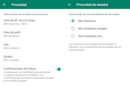 La configuración de privacidad de los estados en WhatsApp