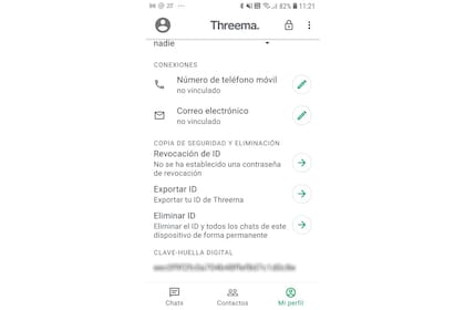 La configuración de Threema: al revés que WhatsApp, Telegram y Signal, funciona incluso sin vincular un número de teléfono o una dirección de correo electrónico