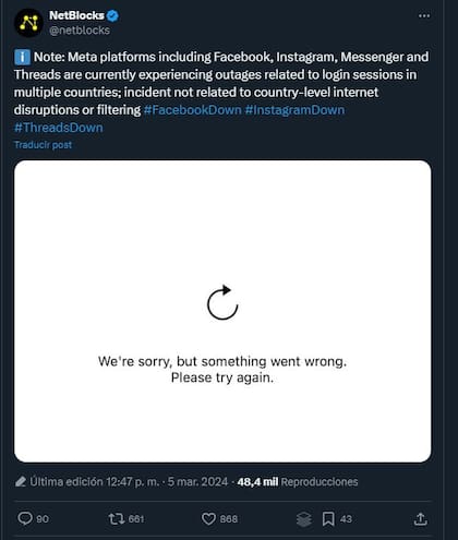 La confirmación de NetBlocks, especialista en tráfico de internet, de la falla mundial de las redes sociales de Meta