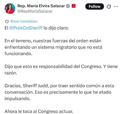 La congresista María Elvira Salazar respaldó la postura del sheriff Grady Judd y calificó de "sentido común" el pedido de frenar las deportaciones masivas de no criminales.