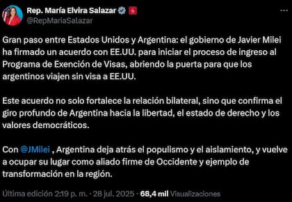 La congresista republicana María Elvira Salazar celebró el inicio del proceso para que los argentinos ingresen sin visa a EE.UU.