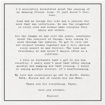 La conmovedora carta de despedida de Niall Horan para Liam Payne (Foto: Instagram @niallhoran)