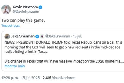 La contundente frase del gobernador de California en su perfil de X