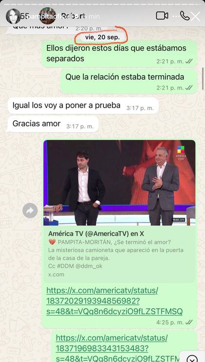 La conversación de Pampita y Moritán, publicada por ella en sus historias. Foto: captura
