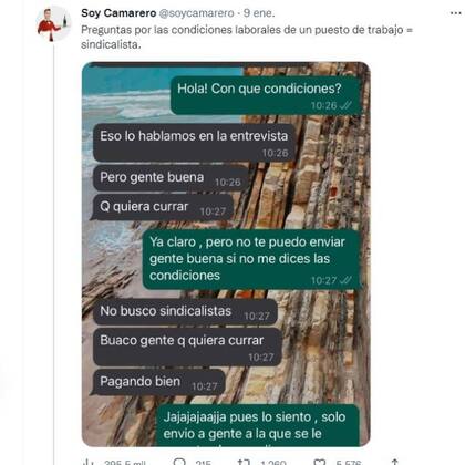 La conversación de un hombre que busca un empleado fue subida por el tuitero Soy Camarero y generó una gran indignación