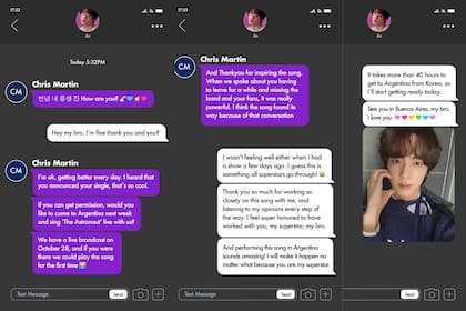 La conversación que mantuvieron Chris Martin y Jin por WhatsApp.