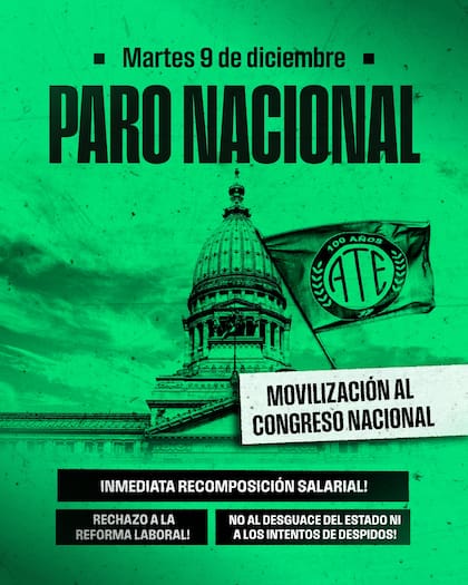La convocatoria de ATE a un paro nacional y una movilización frente al Congreso de la Nación este martes 9 de diciembre