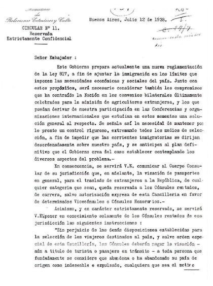 La copia de la Circular 11 encontrada en Estocolmo, con la etiqueta "Reservada, Estrictamente Confidencial"