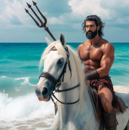 La creación del caballo por parte de Poseidón, generada por inteligencia artificial