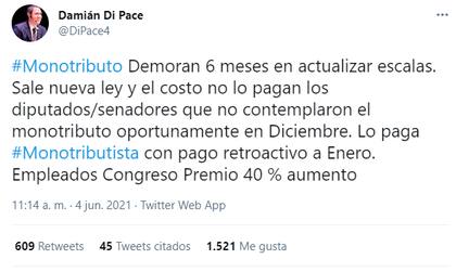 La crítica de Damian Di Pace a la recategorización del monotributo. Fuente: Twitter.