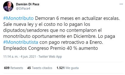 La crítica de Damian Di Pace a la recategorización del monotributo. Fuente: Twitter.