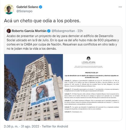 La crítica de Gabriel Solano a Roberto García Moritán (Foto: Twitter)