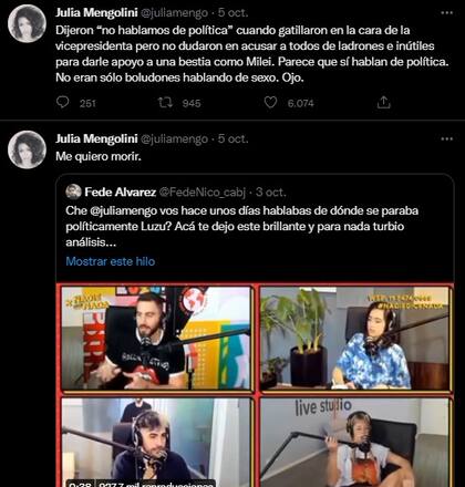La crítica de Julia Mengolini a Nicolás Occhiato a través de Twitter