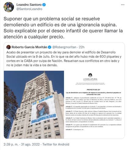 La crítica de Leandro Santoro a Roberto García Moritán (Foto: Twitter)