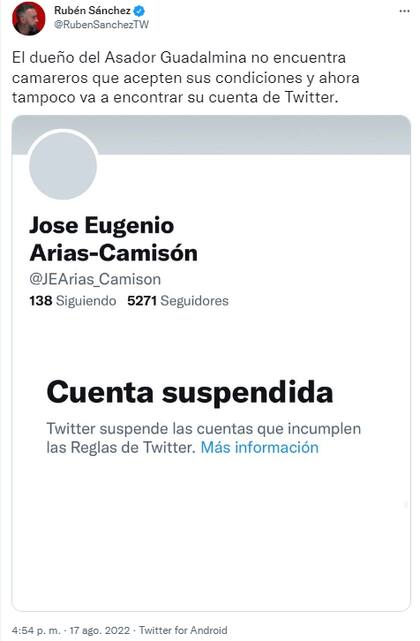 La cuenta de Twitter de José Eugenio Arias-Camisón fue suspendida