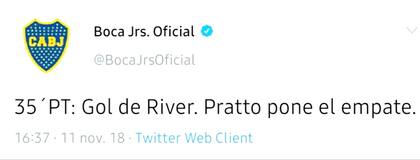La cuenta oficial de Boca en Twitter reporta el gol de Pratto
