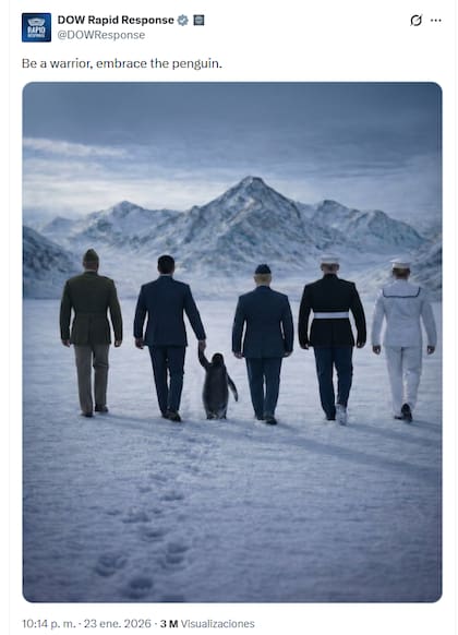 La cuenta oficial de “respuesta rápida” del Departamento de Defensa de Estados Unidos se sumó a la conversación en X con su propia versión del meme: “Sé un guerrero, abrazá al pingüino”