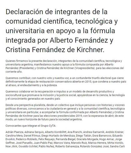 La declaración de integrantes de la comunidad científica, tecnológica y universitaria en apoyo a la fórmula integrada por Alberto Fernández y Cristina Fernández de Kirchner.
