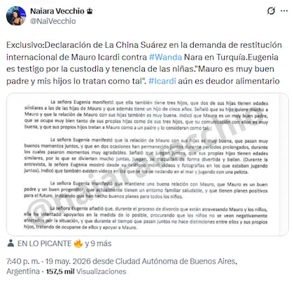 La declaración de la China Suárez (Foto: X @NaiVecchio)