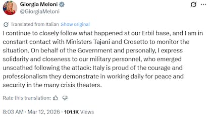 La declaración de Meloni sobre el ataque en Erbil