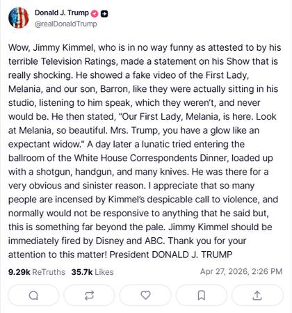 La declaración de Trump tras el reclamo de Melania a Kimmel