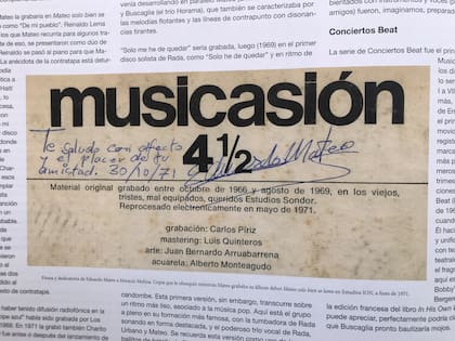 La dedicatoria de Eduardo Mateo a Horacio Molina, en el vinilo original de Musicasión ½ que el uruguayo le regaló al cantante argentino en 1971.