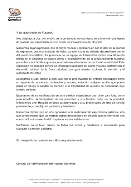 La denuncia del Hospital Garrahan contra las autoridades de Futurock (@HospGarrahan)