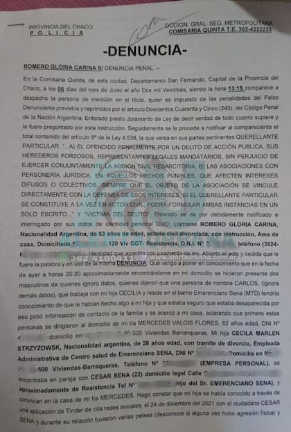 La denuncia policial que inicio el caso Cecilia, el 6 de junio de 2023