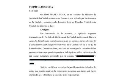 La denuncia que presentó el Gobierno de la Ciudad ante el Ministerio Público Fiscal (MPF) tras la viralización del video