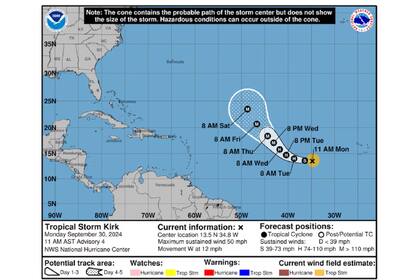 La Depresión Tropical Doce actualmente se encuentra a alrededor de 1.120 kilómetros al oeste de las Islas de Cabo Verde y se espera que se fortalezca durante los próximos días hasta convertirse en el huracán Kirk