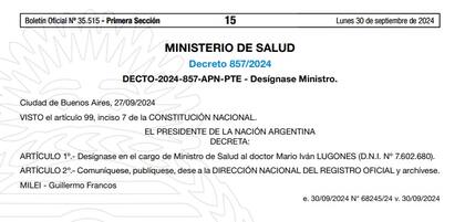 La designación de Mario Lugones como nuevo ministro de Salud publicada en el Boletín Oficial