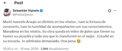 La despedida del Pollo Vignolo a su colega en las redes sociales