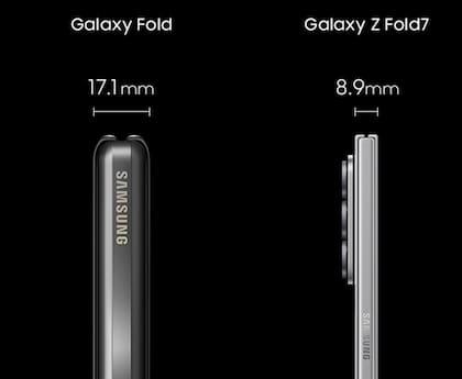 La diferencia de grosor entre el smartphone plegable Galaxy Fold original de 2019 y la versión Fold7 de 2025