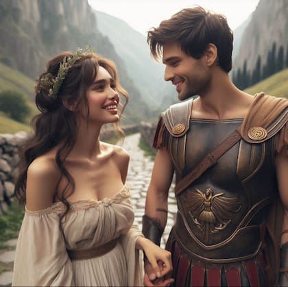 La diosa griega del amor, Afrodita, y su amante el dios de la guerra, Ares, imaginados por la inteligencia artificial de Copilot