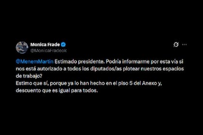 La diputada Mónica Frade interpeló a Martín Menem por el nuevo ploteo de la sala de reuniones de La Libertad Avanza en el Anexo de Diputados