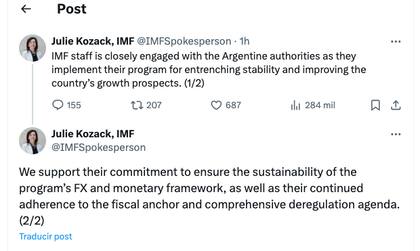 La directora de comunicaciones del FMI, Julie Kozack, manifestó el respaldo del organismo al ancla fiscal del Gobierno