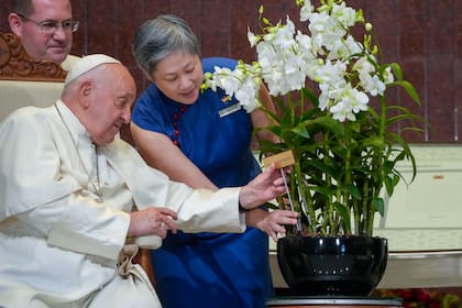 La directora general de la Junta de Parques Nacionales de Singapur, Hwang Yu-Ning, presenta al papa Francisco una Dendrobium His Holiness Pope Francis, una orquídea cultivada especialmente y que leva su nombre, en el parlamento de Singapur, el jueves 12 de septiembre de 2024. (AP Foto/Gregorio Borgia)