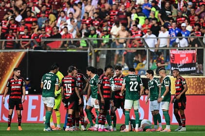 La discusión entre los jugadores de Flamengo y Palmeiras con el árbitro argentino Darío Herrera, tras la jugada de roja de Erick Pulgar sobre Bruno Fuchs